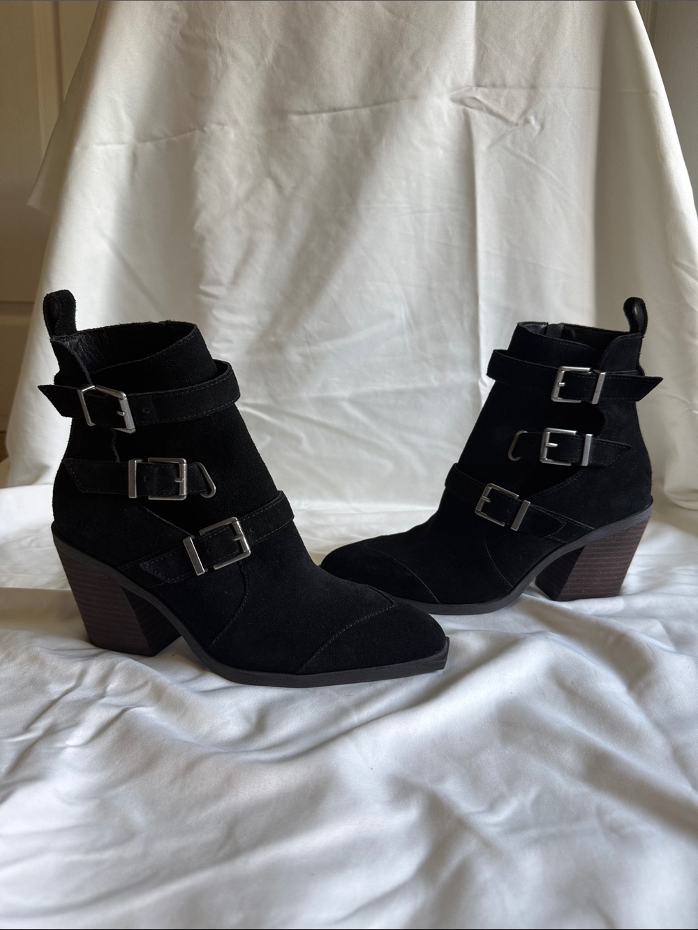 Crown Vintage Cut-Out Black Suede Triple Buckle Ankle Boots